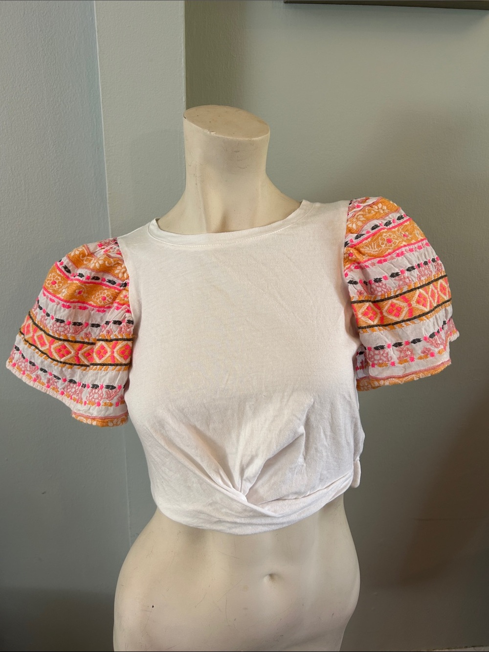 Anthropologie White Crop Top with Pink & Orange Embroidered Puff Sleeves